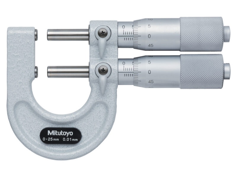 A pair of gray Mitutoyo Mechanical Limit Micrometers