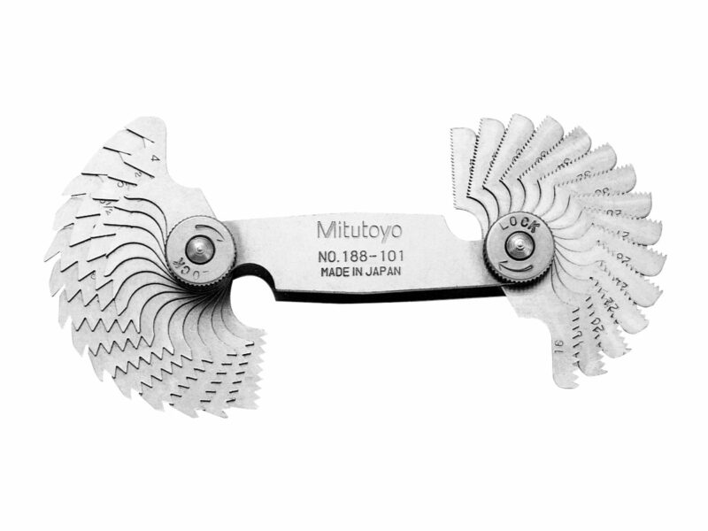 The Mitutoyo thread pitch gage is ideal for checking thread angle cutting in the manufacturing of screws and tool angle cutting measurements.