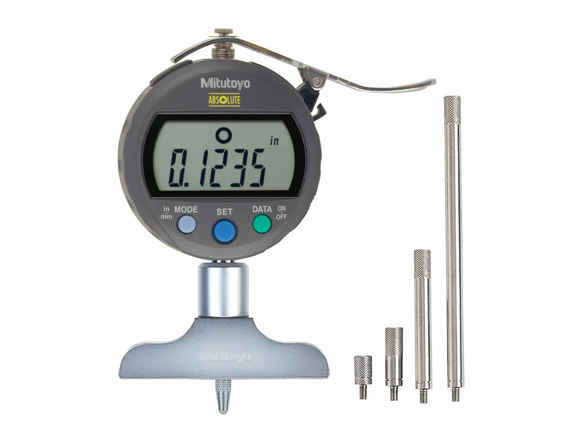 The ABSOLUTE Digitmatic Depth Gage taking a precise depth measurement of just 0.1235 inches.