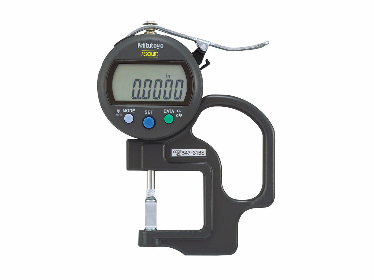 A Mitutoyo Groove Thickness Gage with Blade Anvils prepared to take Groove Thickness Measurements.