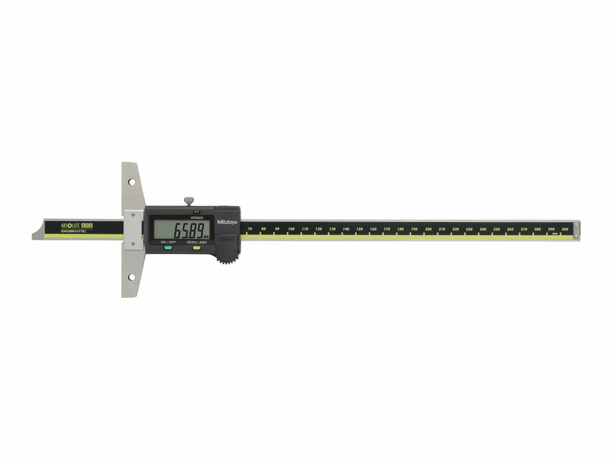 The Mitutoyo ABSOLUTE Digimatic Depth Gage product taking a highly accurate measurement.