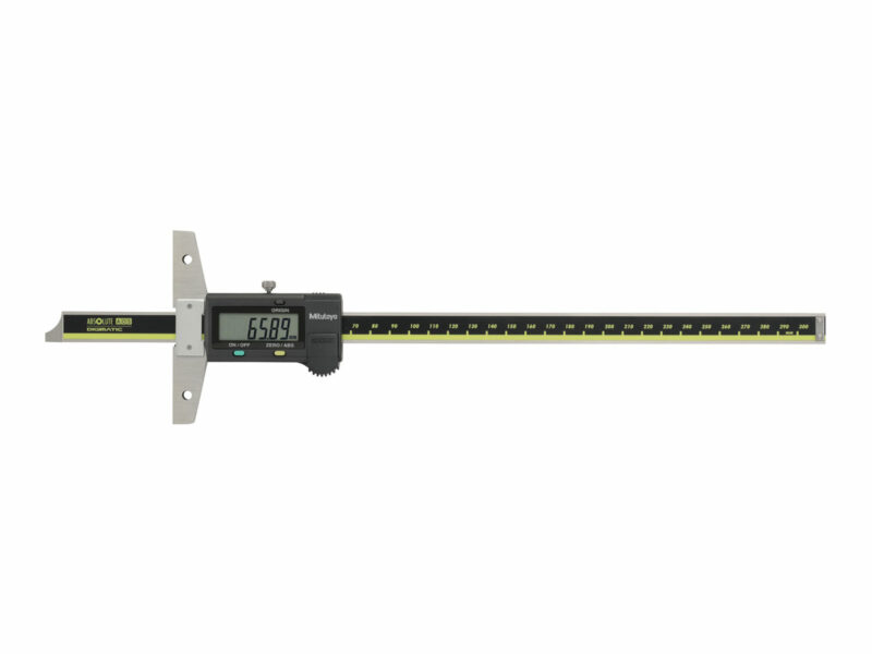 The Mitutoyo ABSOLUTE Digimatic Depth Gage product taking a highly accurate measurement.
